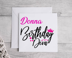 Personalised Birthday Diva Card: Custom Name, Ladies Birthday Fast UK Post