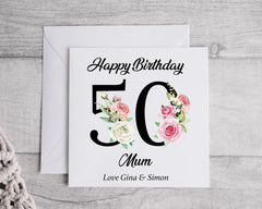 Personalised 50th Birthday Card: Rose Design, Black Text - Fast UK Post