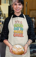 Baking Apron with 'Its a Good Day to Make a Cake' Artwork - Fairtrade Certified Cotton - Adjustable Cotton Apron - Free UK Tracked Post