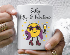 Personalised 50th Birthday Mug: Fifty & Fab Cartoon Print