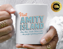 Movie Parody Coffee Mug: Visit Amity Island - Funny Graphic, Fast UK Shipping