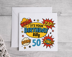 Personalised 50th Birthday Card: Retro Comic Book Style Fast UK Post