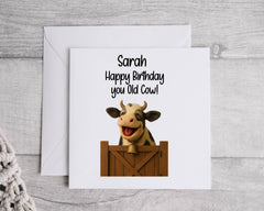 Personalised Birthday Card: Old Cow Design, Custom Name - Fast UK Post
