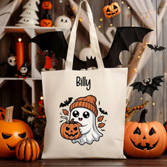 Personalised Halloween Bag - Cute Ghost Pumpkin Design - Trick or Treat Bag - Custom Name - Kid Premium Tote Bag - Free UK Tracked Shipping