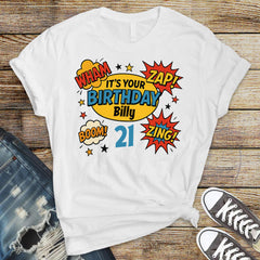 Personalised 21st Birthday T-shirt - Wham - Zap - Retro Comic Book Style Design on Bella and Canvas Premium Tee - Fast UK Tracked Post!