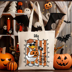 Personalised Halloween Bag - Pumpkin Duck Design - Trick or Treat Bag - Custom Name - Kid Premium Tote Bag - Free UK Tracked Shipping