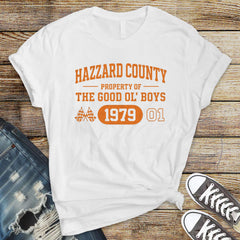 70's TV Show Parody T-Shirt - Property of Hazzard County Design on Sofftstyle Premium Tee - Funny Graphic Tee with Tracked UK Postage