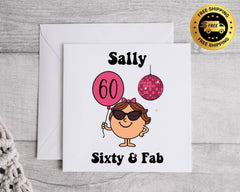 Personalised 60th Birthday Card: Sixty & Fab Pink Disco Print -Fast UK Shipping
