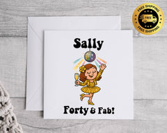 Customisable 40th Birthday Card for Women – Forty & Fab Disco Champagne Design with Custom Name