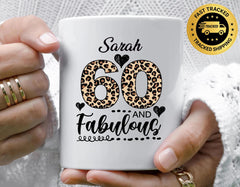 Personalised 60th Birthday Mug: 60 & Fab Leopard Print, Fast Tracked Post