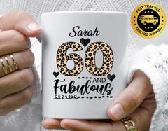 Personalised 60th Birthday Mug: 60 & Fab Leopard Print, Fast Tracked Post