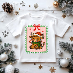 Kids Christmas Shirt: Highland Cow Cartoon Bow - Gildan Heavyweight Cotton