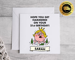 Funny 21st Birthday Card, "Hope You Get Hammered", Personalised Card