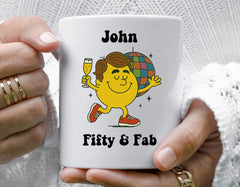 Personalised 50th Birthday Mug: Men's 50 & Fab Disco Design - Fast Tracked UK Shipping