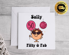 Personalised 50th Birthday Card: Fifty & Fab Pink Disco Design - Fast UK Postage