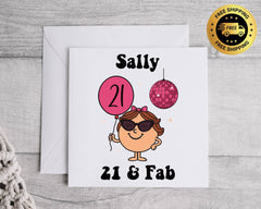 Personalised Ladies 21st Birthday Card: Twenty One & Fab Pink Disco - Fast UK Post