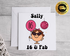 Personalised 16th Birthday Card: Sixteen & Fab Pink Disco - Fast UK Shipping