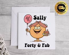 Customisable 40th Birthday Card for Women – Forty & Fab Cake Design with Custom Name