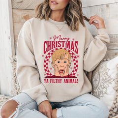 Merry Christmas You Filthy Animal Sweatshirt: Xmas Jumper - Sand Colour Gildan Heavyweight