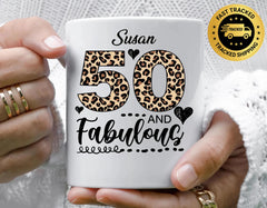Personalised 50th Birthday Mug: Leopard Print Design, Fast Tracked UK Post