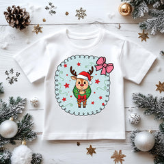 Kids Christmas Shirt: Xmas Cartoon Reindeer Bow - Gildan Heavyweight Cotton