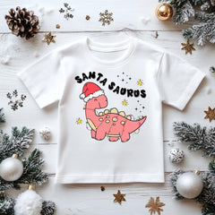 Kids Christmas Shirt: Xmas Santasaurus Pink - Gildan Heavyweight Cotton