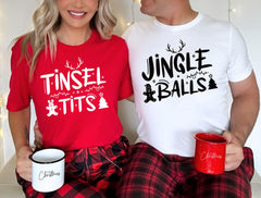 Funny Christmas Graphic T-Shirt: Tinsel Tits, Jingle Balls
