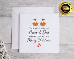 Funny Mum & Dad Christmas Card - Pudding Design - Personalised Card Fast UK Post!