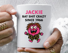 Personalised 60th Birthday Mug for Women – Bat Shit Crazy Design with Custom Name – Multiple Colours Available