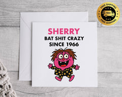 Customisable 60th Birthday Card for Women – Bat Shit Crazy Design with Custom Name