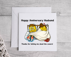 Funny Husband Anniversary Card - Freezing Steal the Covers Design - Custom print