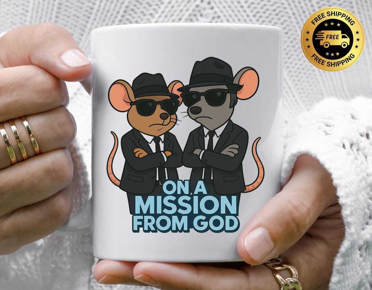 80s Movie Parody Mug - Blues Mice on a Mission from God Design - Funny Graphic Coffee Cup with Tracked UK Postage