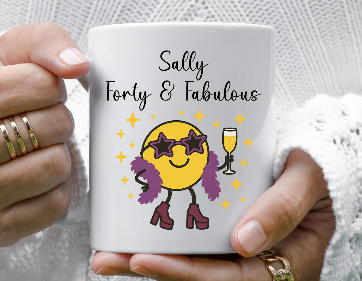Personalised Ladies 40th Birthday Mug, Cartoon 40 & Fabulous - Personalised Name Mug - Multiple Colour Choices - Fast Fast Tracked UK Post!