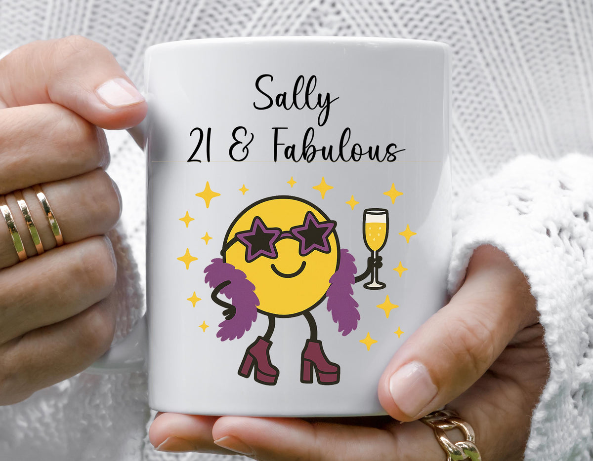 Personalised Ladies 21st Birthday Mug, Cartoon 21 & Fabulous - Personalised Name Mug - Multiple Colour Choices - Fast Fast Tracked UK Post!