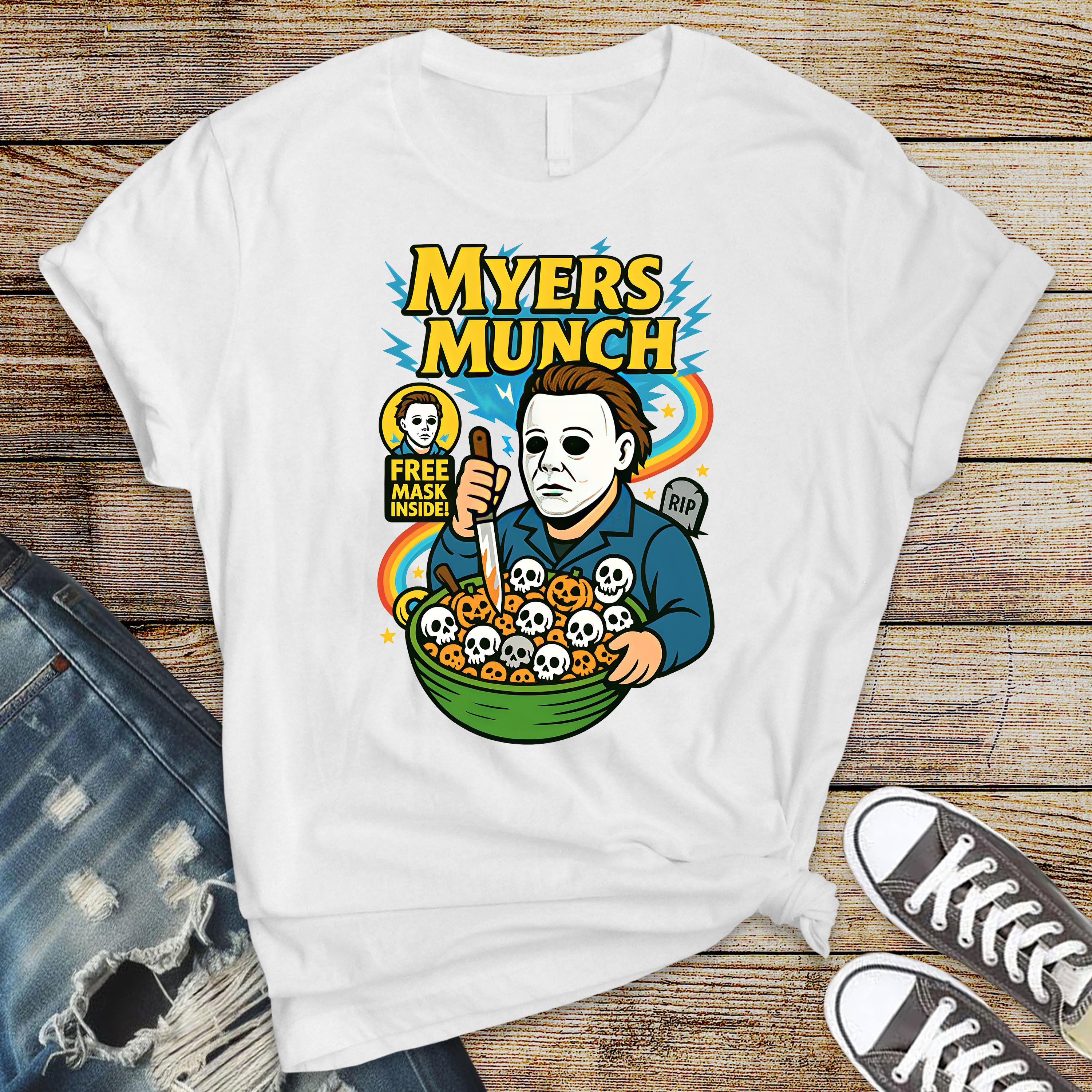 70s Horror Movie Parody T-Shirt - Myers Munch Design on Softstyle Premium Tee - Funny Graphic Tee with Tracked UK Postage