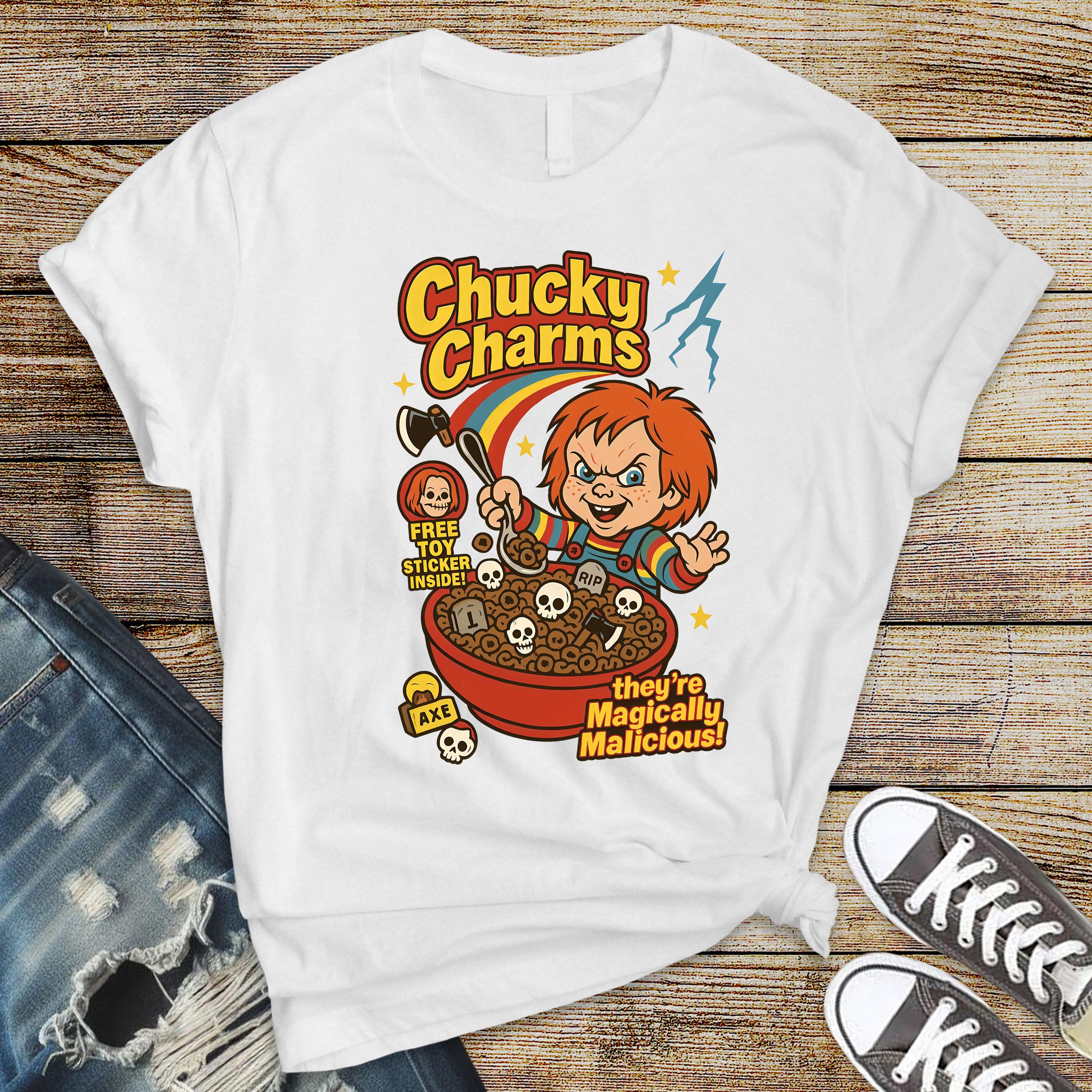 80s Horror Movie Parody T-Shirt - Chucky Charms on Softstyle Premium Tee - Free Tracked UK Postage