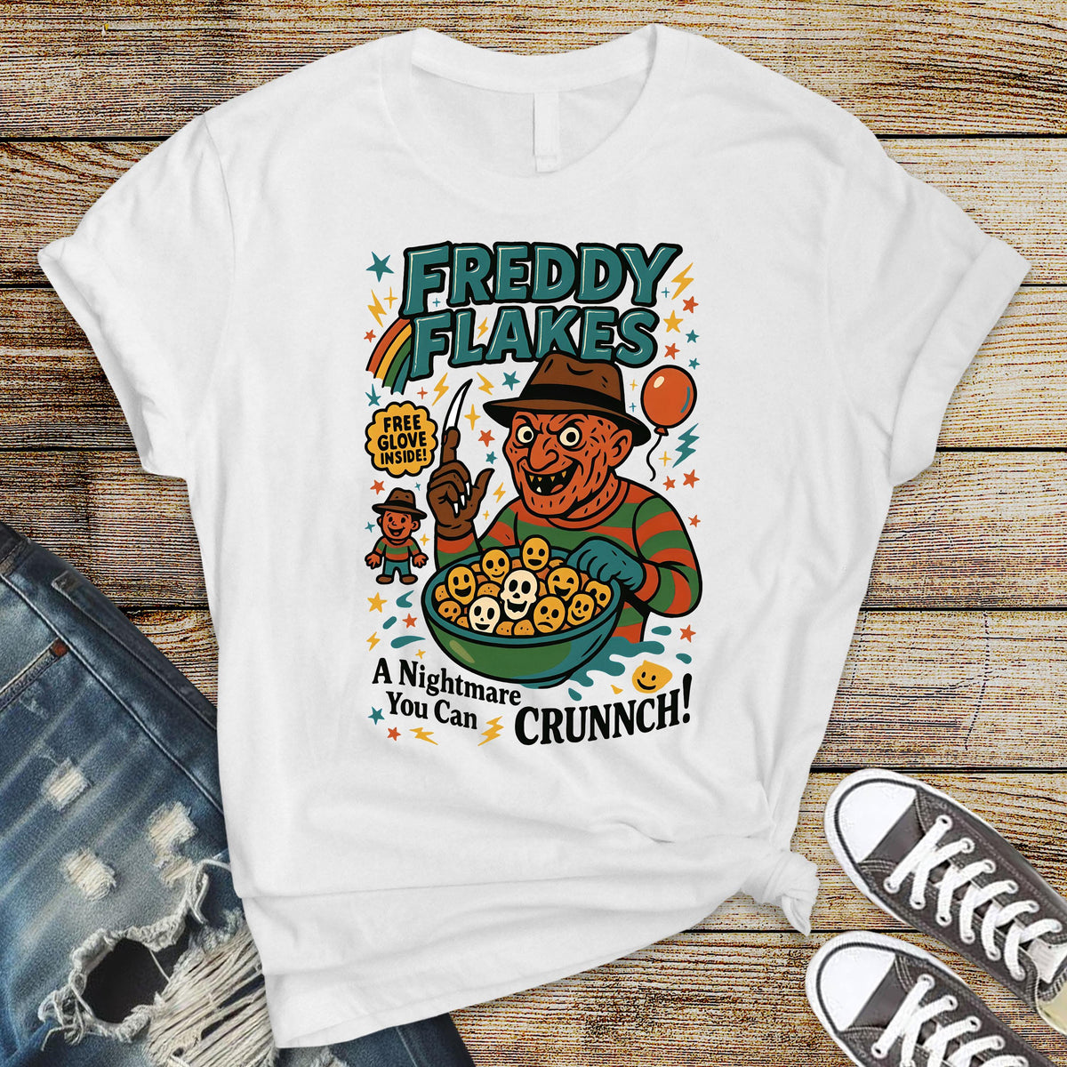 80s Horror Movie Parody T-Shirt - Freddy Flakes Design on Softstyle Premium Tee - Free Tracked UK Postage