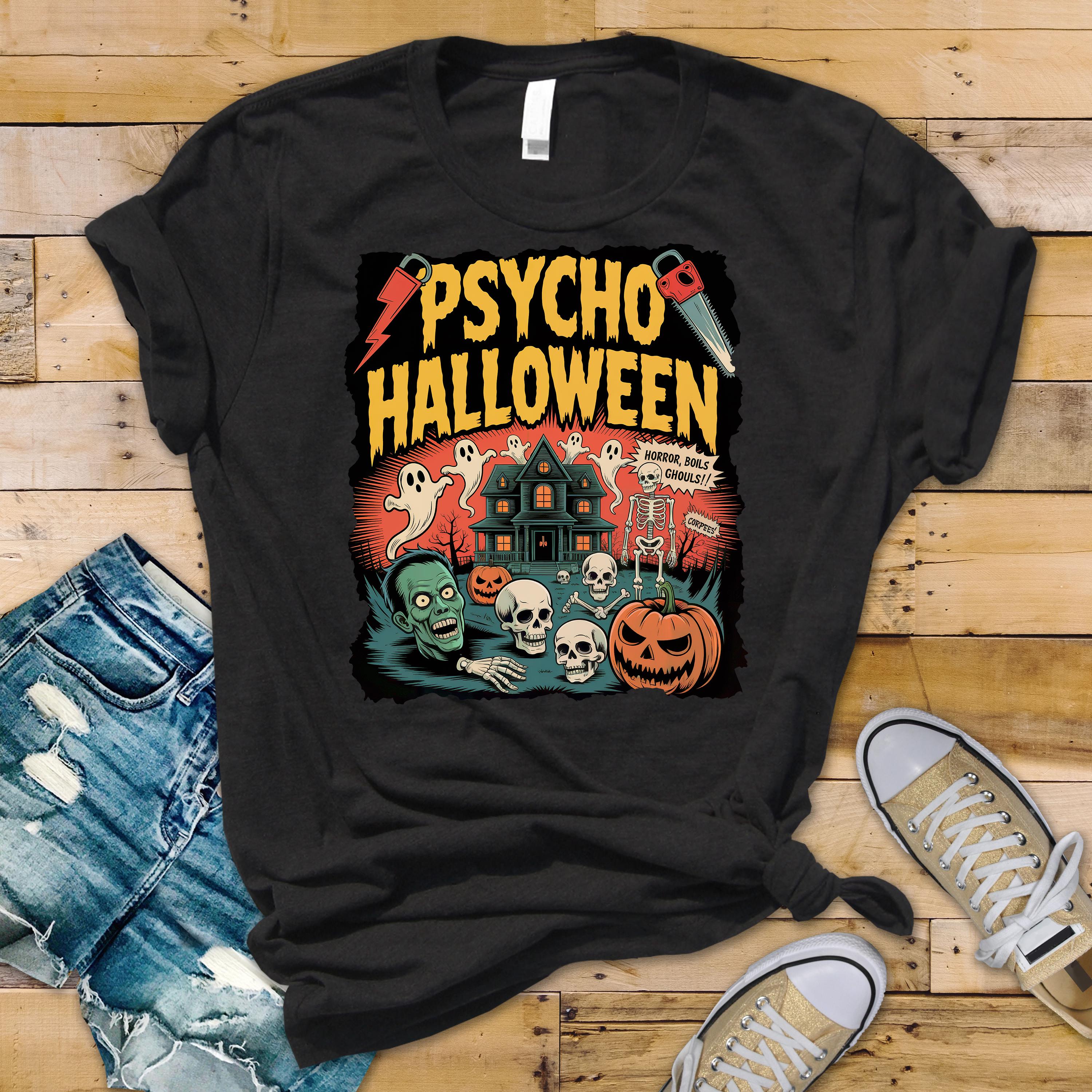 Halloween Shirt - Pyscho Halloween Design on Premium Tee - Funny Graphic Tee with Fast Tracked UK Post