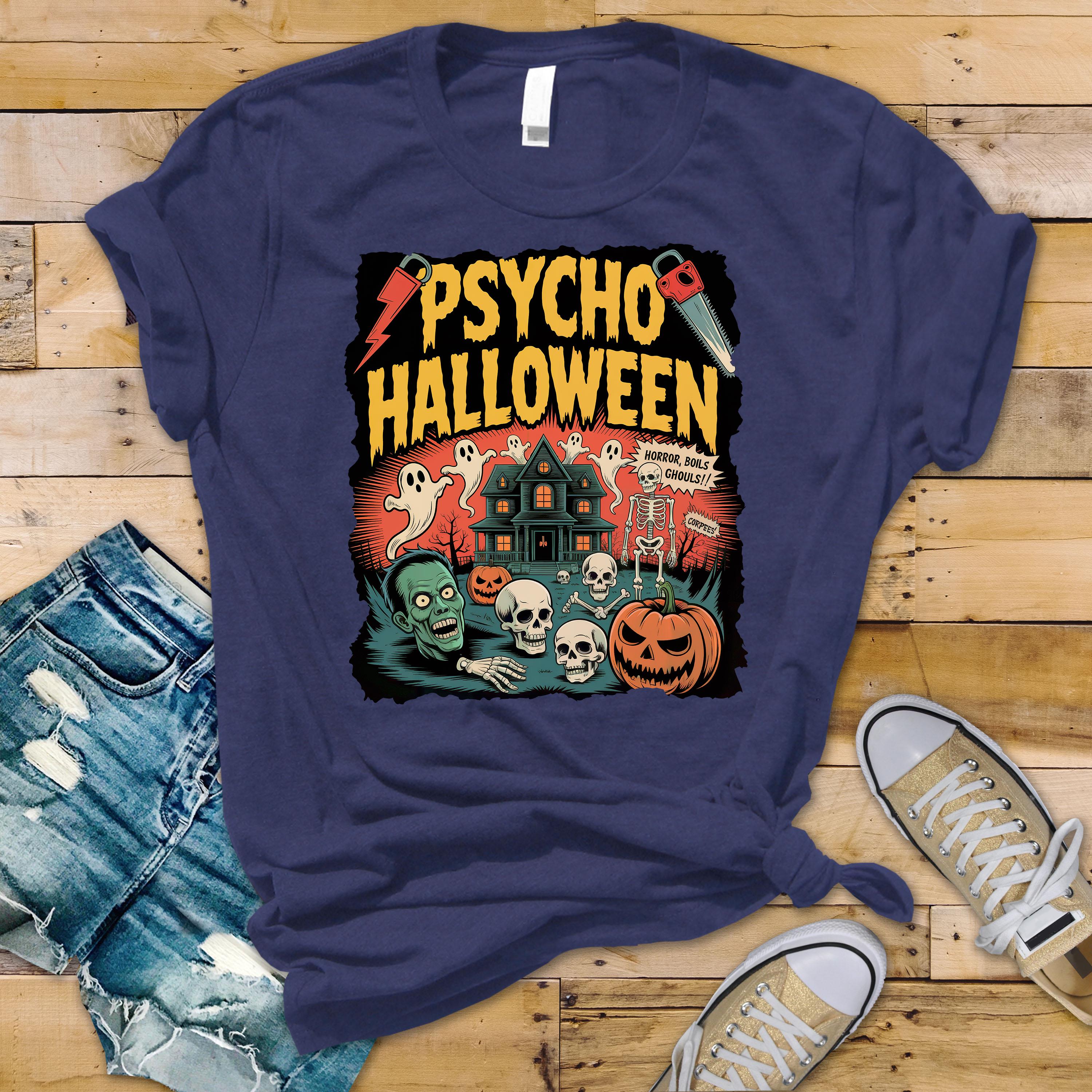Halloween Shirt - Pyscho Halloween Design on Premium Tee - Funny Graphic Tee with Fast Tracked UK Post