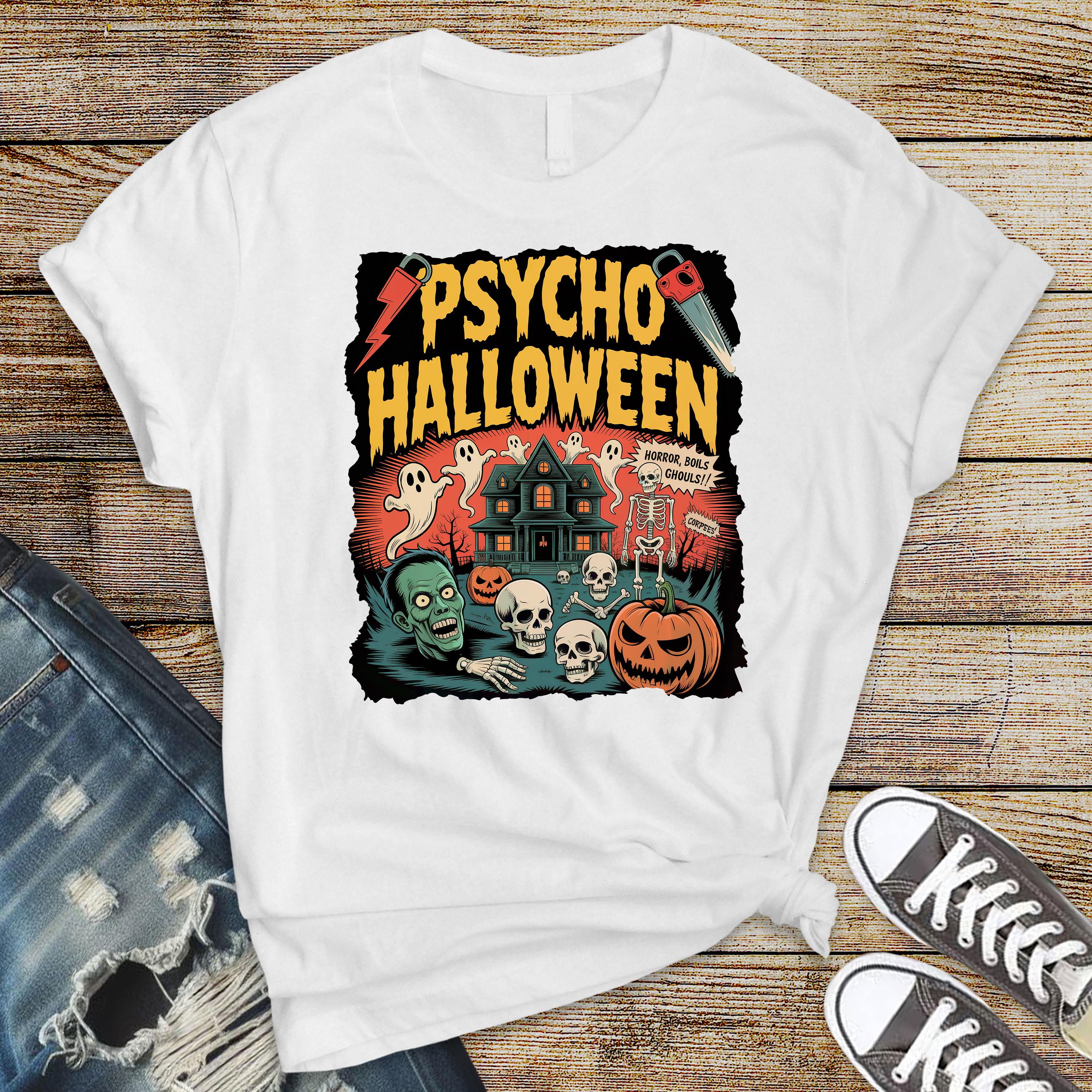 Halloween Shirt - Pyscho Halloween Design on Premium Tee - Funny Graphic Tee with Fast Tracked UK Post