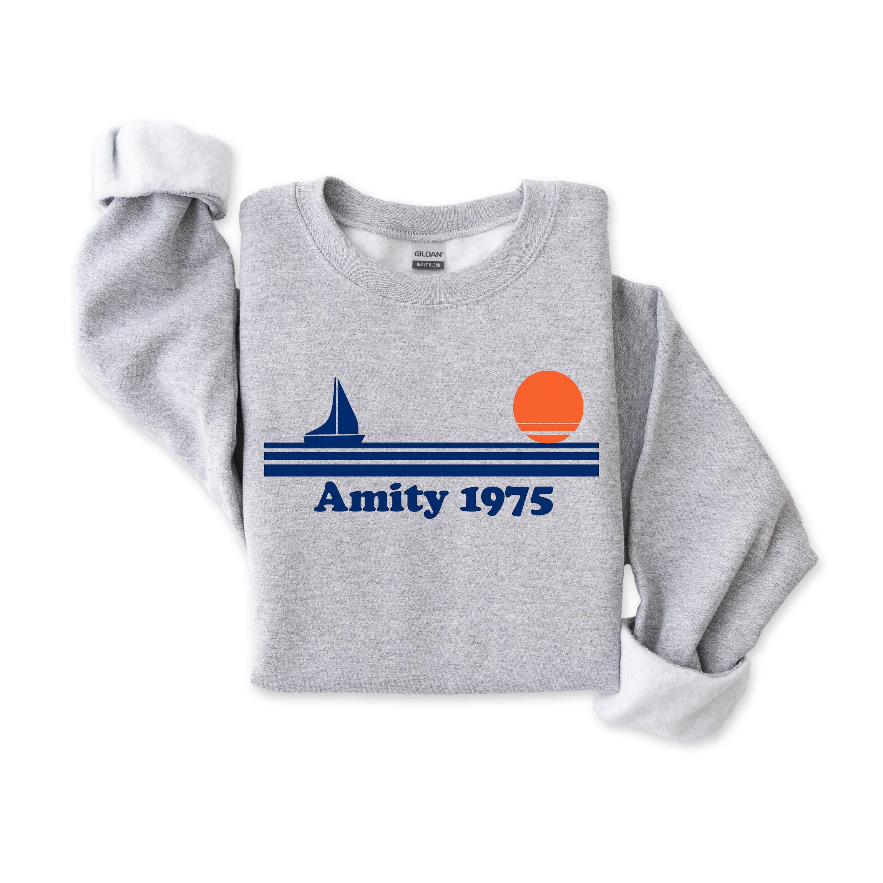Movie Parody Sweatshirt: Amity 1975 Design, Gildan Heavyweight Blend - Fast Tracked UK Shipping