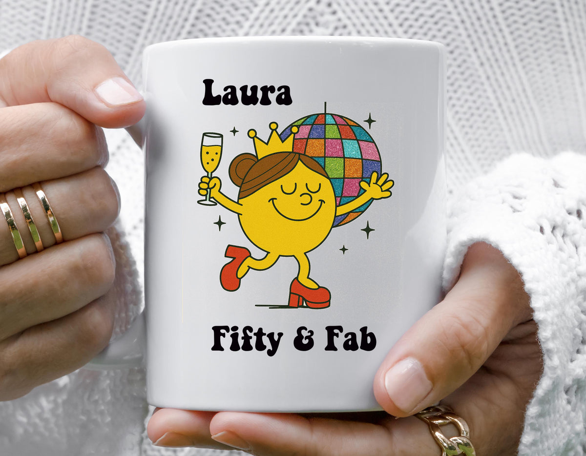 Personalised 50th Birthday Mug: 50 & Fab Disco Design - Fast Tracked UK Shipping
