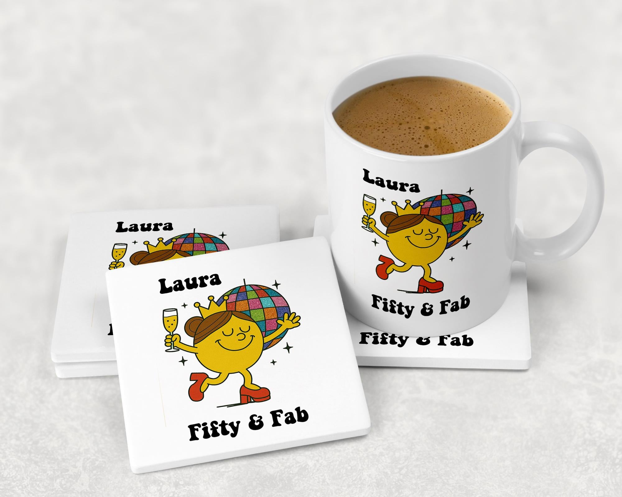 Personalised 50th Birthday Mug: 50 & Fab Disco Design - Fast Tracked UK Shipping