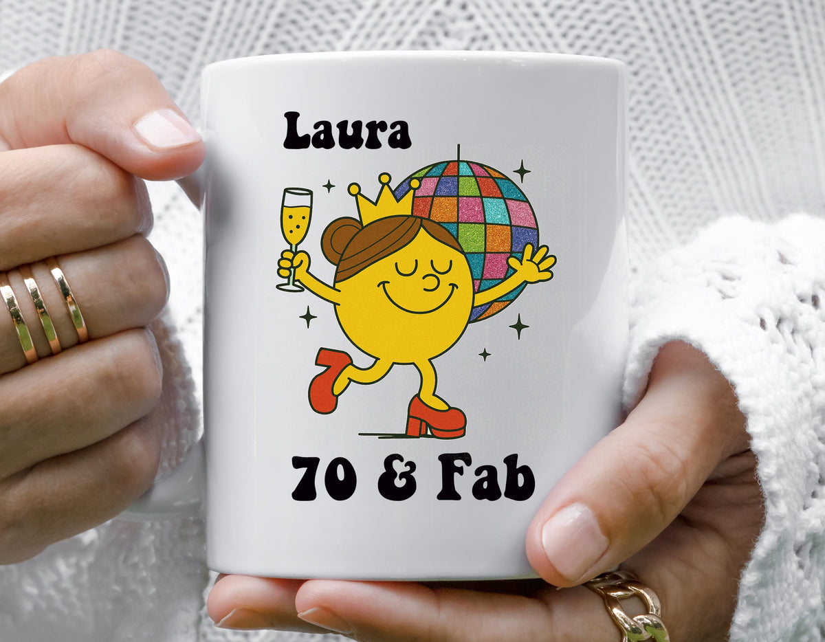 Personalised 70th Birthday Mug: 70 & Fab Disco Mug -Fast Tracked UK Shipping