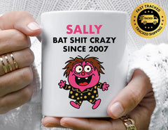 Customisable 18th Birthday Mug for Women– Bat Shit Crazy Design with Custom Name – Multiple Colours Available