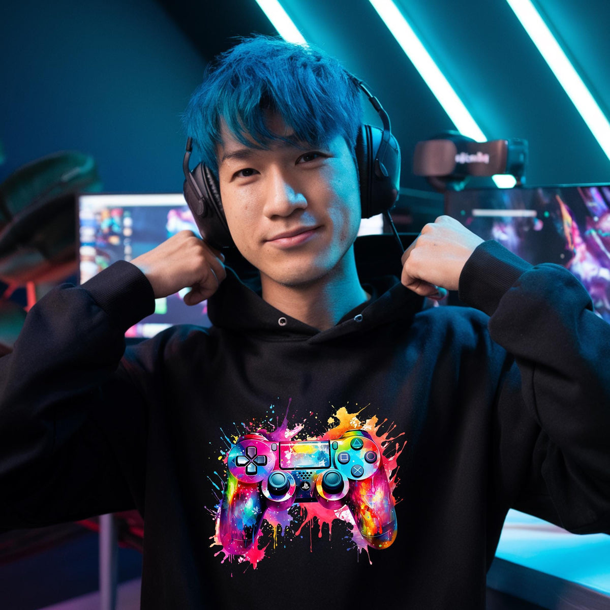 Personalised Gamer Hoodie - PS Controller Splat Design - Adult & Child Sizes - Christmas Gift