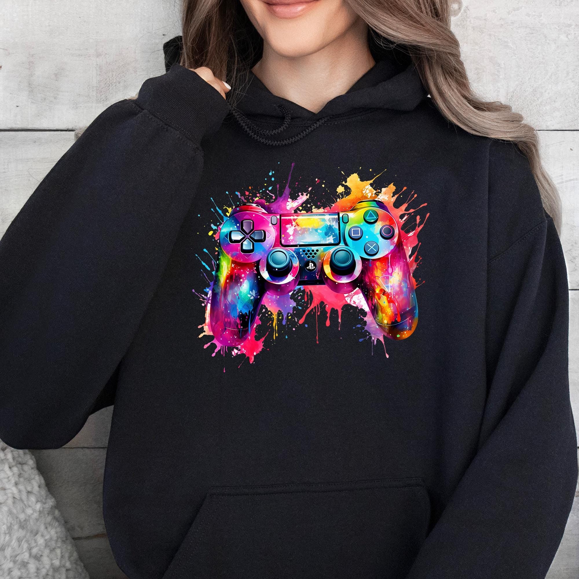 Personalised Gamer Hoodie - PS Controller Splat Design - Adult & Child Sizes - Christmas Gift