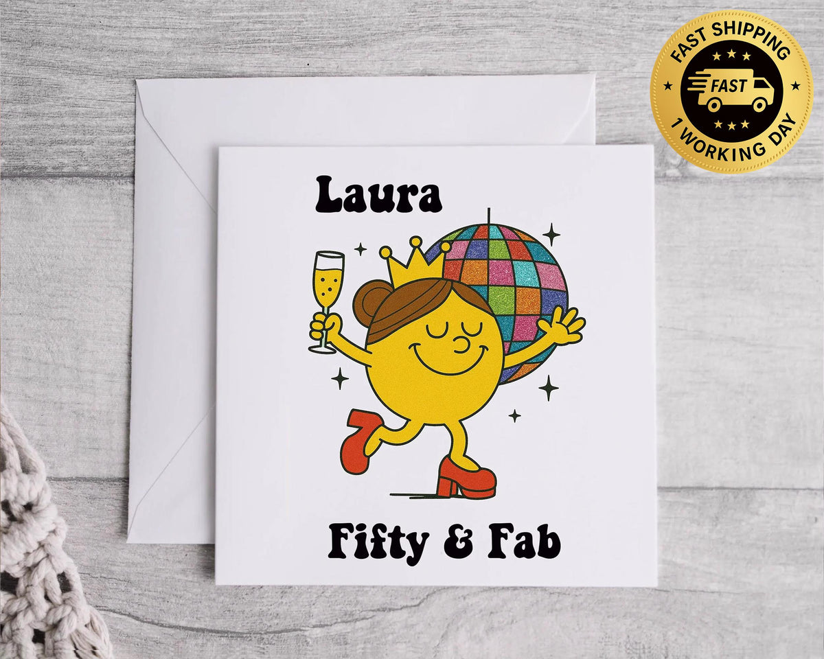 Personalised 50th Birthday Card: 50 & Fab Disco Design - Fast UK Postage