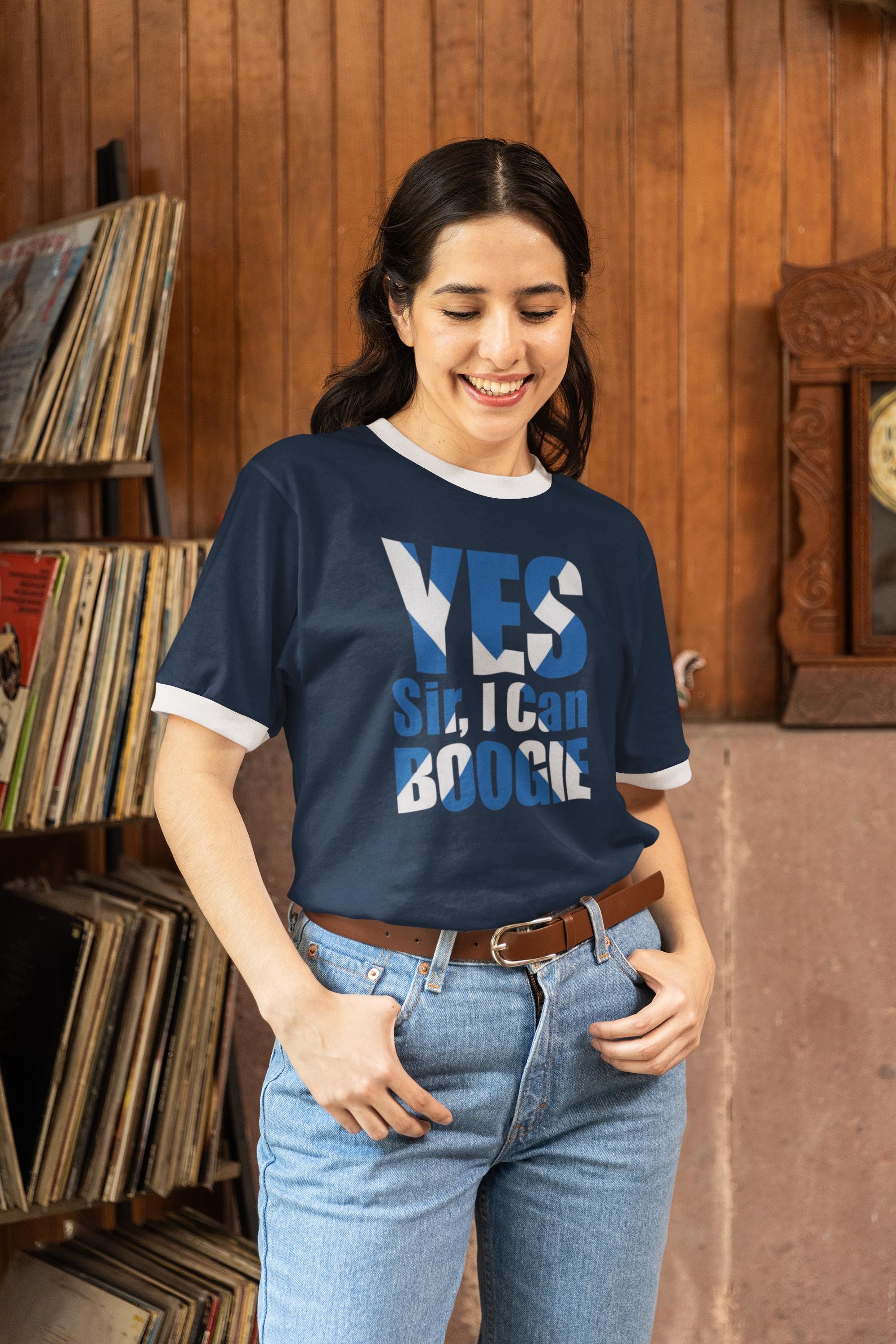 Scotland World Cup Football T-Shirt : Yes Sir I can Boogie Flag Design - Ringer Style