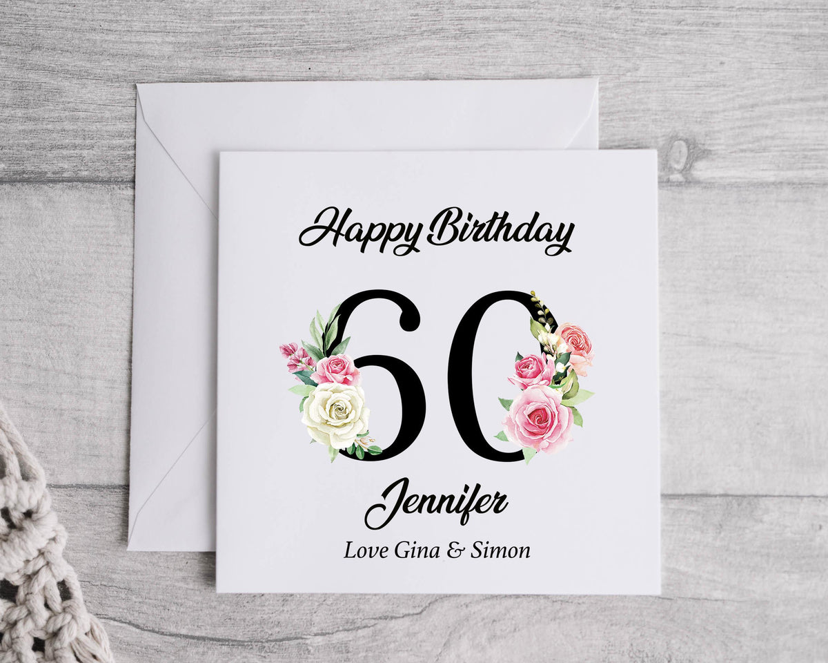 Personalised 60th Birthday Card: Rose Design, Black Text Fast UK Post